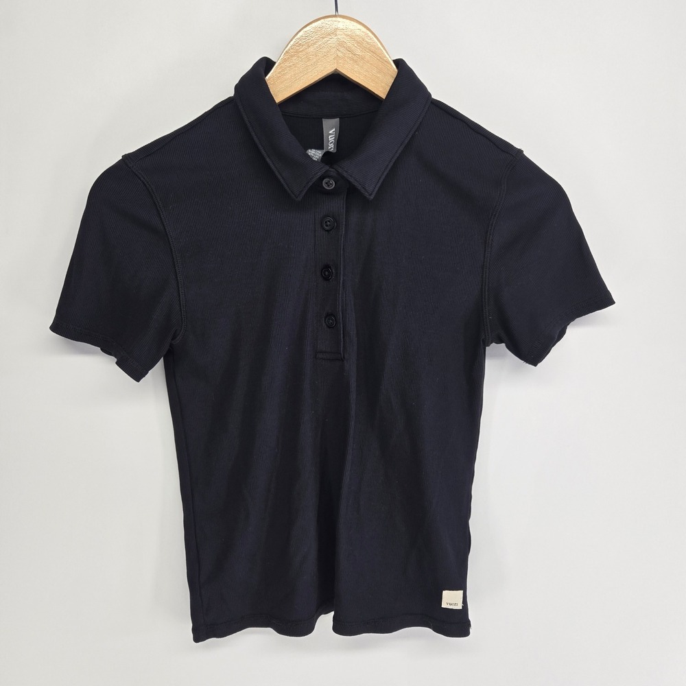 Vuori Pose Polo Shirt Womens S Black Ribbed Short Sleeve VW1050 Athleisure Top